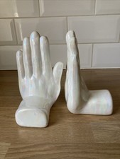 Vintage White Lustre Ware Praying Hand Bookends - 16cm High