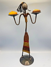 Large African Tribal Woman Metal Art Beaded Figurine Candle Holder Abstract