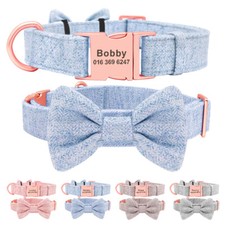 Adjustable Personalised Dog Collar Engraved Custom Pet Name ID w/ Tweed Bow Tie 