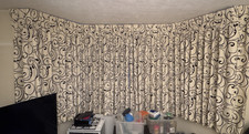 Huge Pair of Cream/Black Patterned Pinch Pleat Bay Window Lined Curtains Fabric