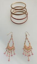 BN Vintage Gold Drop Dangle Pink Earrings Glitter Bangle Jewellery Set Free P&P