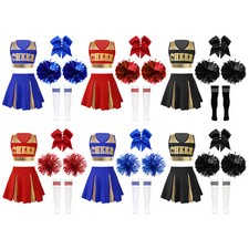 Cheer Leader Cosplay Costume Girls Crop Top Pleated Skirt Outfits with Pom Poms