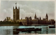 Houses of Parliament, River Thames & Coal Boats London, Vintage Postcard