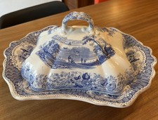 Antique c1870 Transfer Ware “Picnic” Vegetable Tureen Dish Lidded 32.5cm Long 