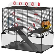 PawHut Gerbil Hamster Cage w/ Deep Glass Bottom, Tunnels, Hut, Exercise Wheel