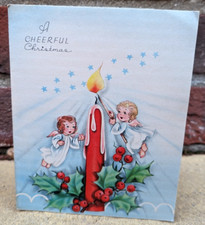 Vintage Used 1940's Angel Cherub Candles USA Christmas Greeting Card (EB10284)