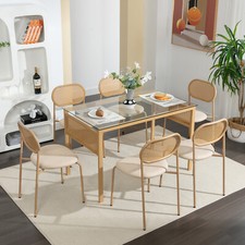 120cm Rectangular Glass Dining Table and Rattan Chairs Set Upholstered Cane