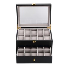 20 Grids Wooden Watch Display Box 2 Layers Jewelry Collection Storage Case Glass