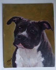 Staffie Dog Pet Portrait Painting Original Oil on Canvas 8x10"