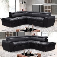 New Nevada Leather Corner Sofa Bed Black 4 to 5 Seater Storage Ottoman Headrest