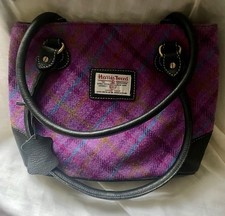 Large Harris Tweed Purple Tartan Shoulder  Bag Tweed & Black Leather