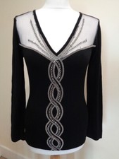 LEO GUY BLACK V NECK JUMPER WITH SHEER TRIM AND BEAD AND CHAIN DETAIL - S. L/XL
