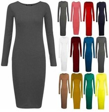 Women's Plain Midi Jersey Bodycon Ladies Stretch Long Sleeve Maxi Dress UK 8-26