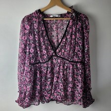 Zara Women Size M Purple Floral Peplum Sheer Puff Sleeve Blouse Casual Summer