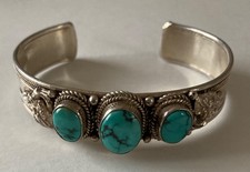 Vintage Chinese Silver 925 Triple Turquoise Dragon Face Cuff Bracelet W 36.7g