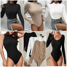 NEW Women's hot long sleeve ribbed Bodysuit racer V round neck stretch Leotard
