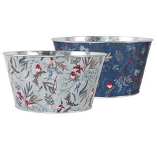Tin Pail Robin Floral Bowl Plant Pot 21cm Christmas Metal Planter Xmas Bucket