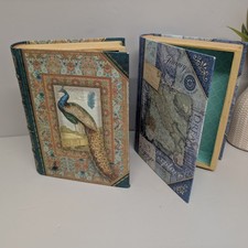 2x Punch Studio Book Shaped Storage Boxes Decorative Green Blue Peacock Travel