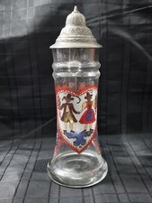 Stein German Beer Glass Vintage Decorative Pewter Lid Heart & Flowers