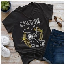 V neck Cowgirl Rhinestone t shirt Line Dancing Country Ladies Sizes Listed 8-24
