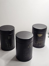 Set of 3 Black Metal Tea Coffee Sugar Canisters with Lids – Used, Good
