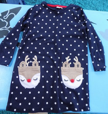 Girls Navy Blue Spotty Christmas Dress Age 3-4 Years Cute Reindeer Pockets  F&F