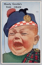 OBAN Novelty Pull Out Postcard Unused - Hearty Greetins Crying Scots Boy