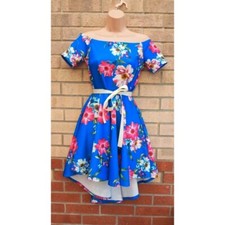 Select blue floral off the shoulder dip hem skater party prom dress 14 L