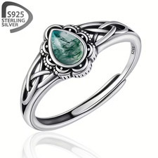 925 Sterling Silver Adjustable Celtic Teardrop Moss Agate Celtic Ring & Gift Box