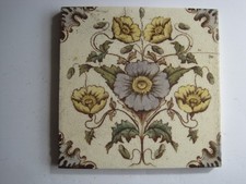 ANTIQUE VICTORIAN 6" SQ. PRINT AND TINT FLORAL WALL TILE - W & E CORN #506