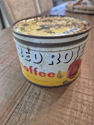 Vintage red rose coffee tin - red,