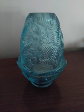 Fenton Strawberry Design Iridescent Aquamarine Teal Glass 5" Fairy Lamp 2 Piece