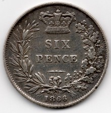 1866 Sixpence Die No. 58, Queen Victoria Young Head Silver Coin, Good Grade.
