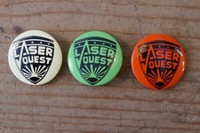 Three  38mm Tin Pin Badges from 1989 - Laser Quest - Red, Green & White