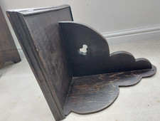 Large dark pitch pine wall shelf, carved trefoil, Church flowers, statue sconce