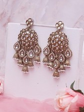 Bollywood Style Gold Plated Indian Jewelry Pearl Kundan Jhumka Earrings Set