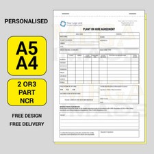 PLANT ON HIRE AGREEMENT FORM PERSONALISED PRINTED NCR, A4 / A5 SIZE