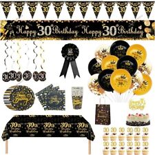 30th Birthday Party decorations Black gold banner backdrop balloon tableware set