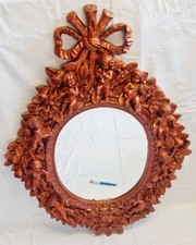 Vintage Large Mahogany Colored Resin Oval Mirror with Ornate Flowers & Cherubs 
