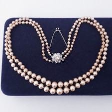 VINTAGE SIGNED SILVER LOTUS DOUBLE ROW GRADUATED IRIDESCENT GLASS PEARL NECKLACE