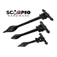 Traditional Black Antique Cast Iron Spear Ornate Decorative Tee Hinges Pair