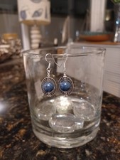 Stylish Dark Blue Dumortierite Ornate Oval Earrings.  Sterling Silver Hooks.