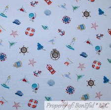 BonEful FABRIC FQ Cotton Quilt Sea Shell Ocean Nautical Anchor Bird Light House
