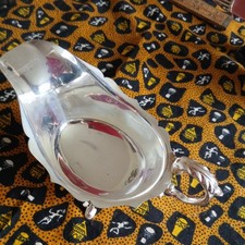 ANTIQUE SILVER PLATED SAUCE BOAT ON 3 FEET WITH SCROLL HANDLE, EPNS, VGC