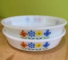 Phoenix Opalware Dish Lot of 2 Folk Flowers Pattern Vintage Good Used Condition 