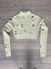 ZARA CROPPED LIME PALE GREEN FLORAL FLOWER EMBROIDERED JUMPER SIZE S SMALL 8 10