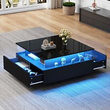 Coffee Table with LED Square High Gloss Black Storage Tea Table for Living Room
