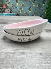 Rae Dunn Ceramic Cat Bowls X 2 ‘ Meow’ Oval Ivory Outer Pink Inner Stackable VGC