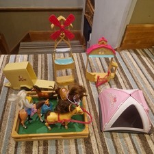 Toy Horses and Stable Bundle with 4  Horses, rider doll tent trailer Accessories