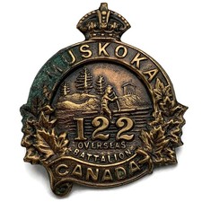 WW1 Canadian 122nd Battalion (Muskoka Regiment) Canada CEF Cap Badge - Original
